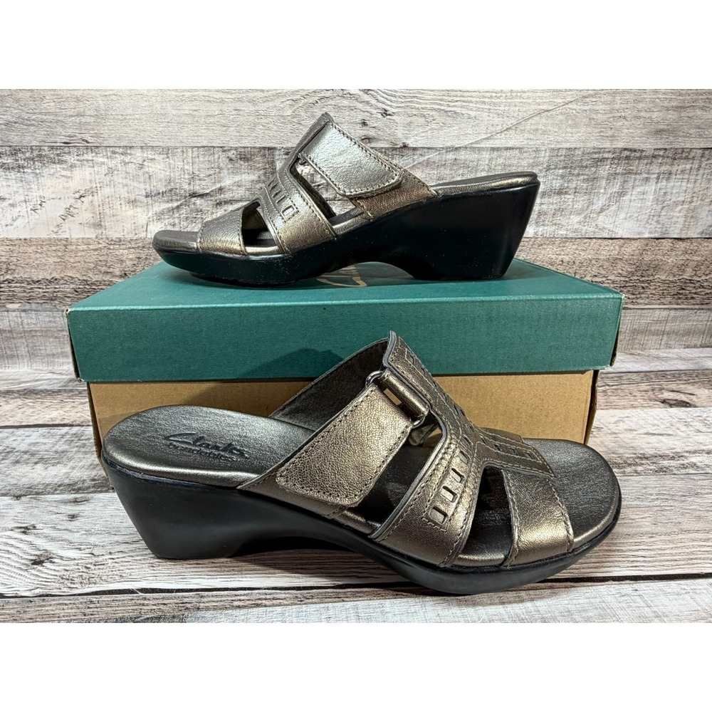 New Clarks Ella Celtic Women Sandals Heel Shoe Pewter Silver 5M